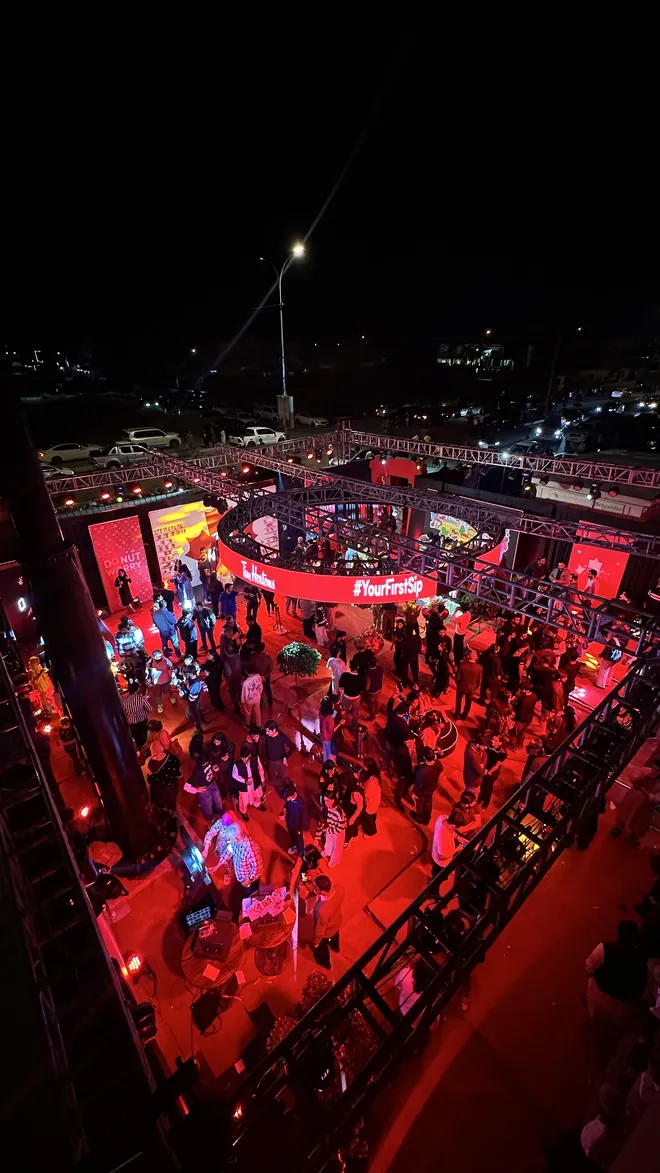 Aerial night view of the Tim Hortons Karachi launch